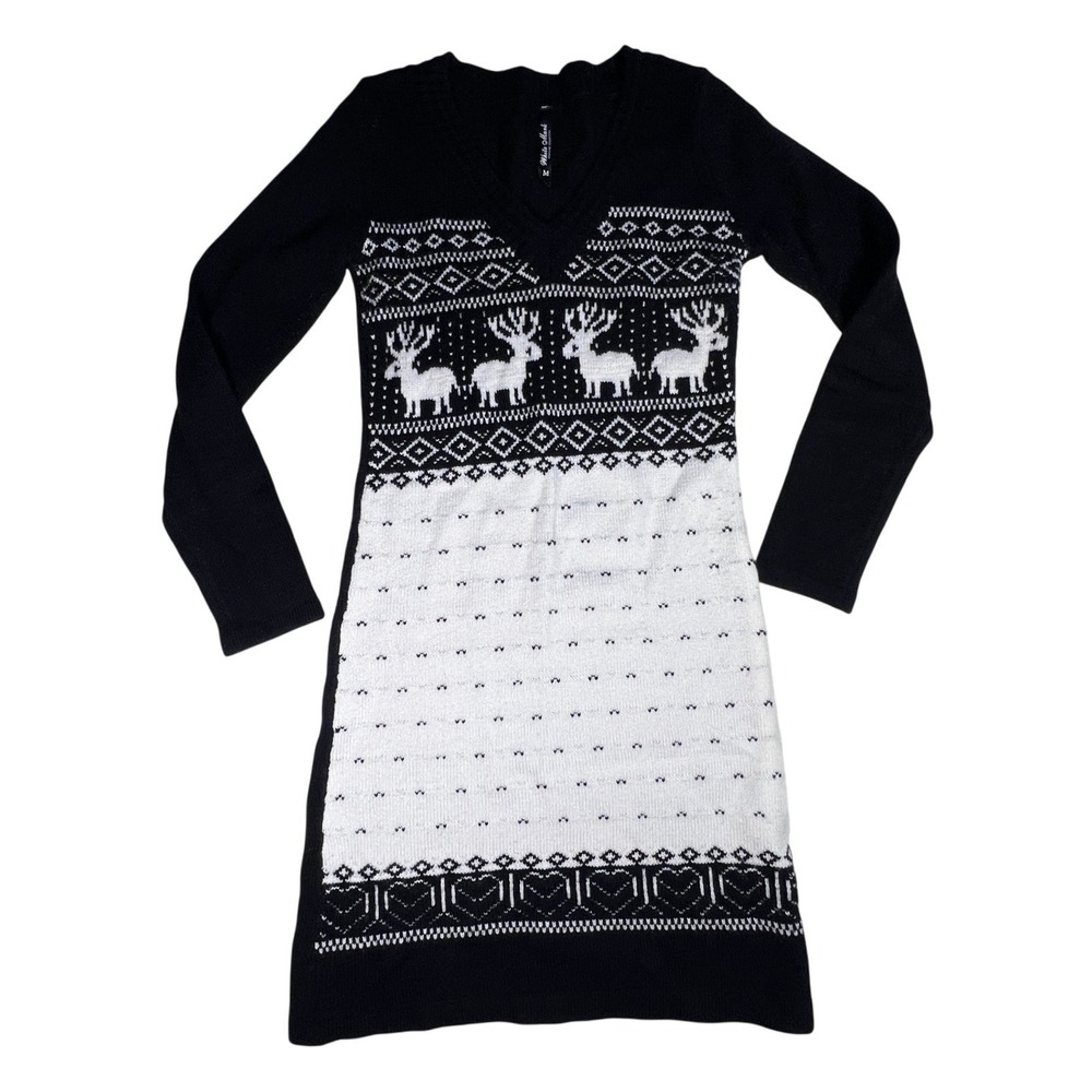 White Mark Sweater Dress Women M Black White Fair Isle Reindeer Holiday Festive